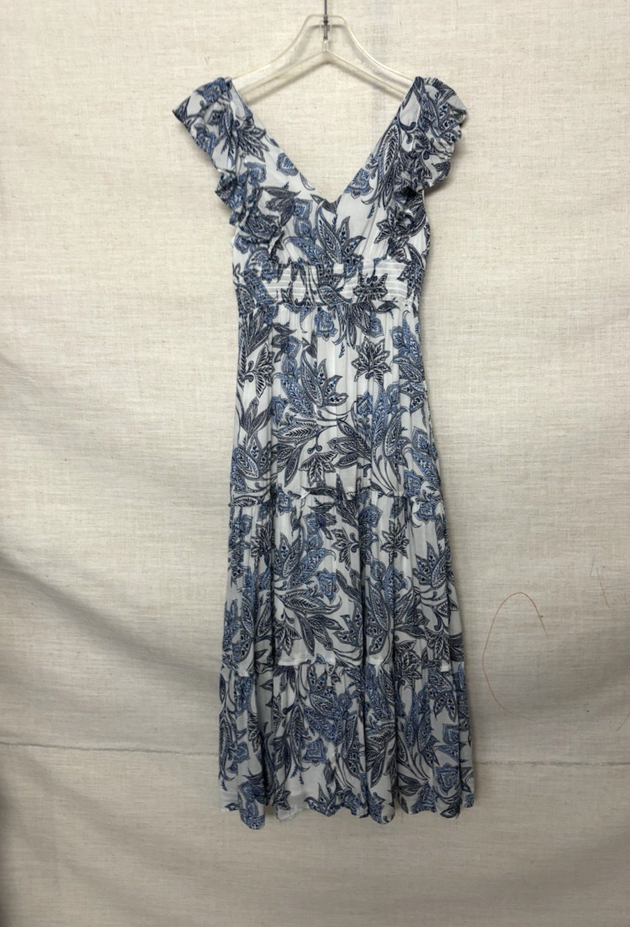 Joie Dress XS Long Maxi Aline Floral Blue White Tiered Sleeveless Boho Vneck